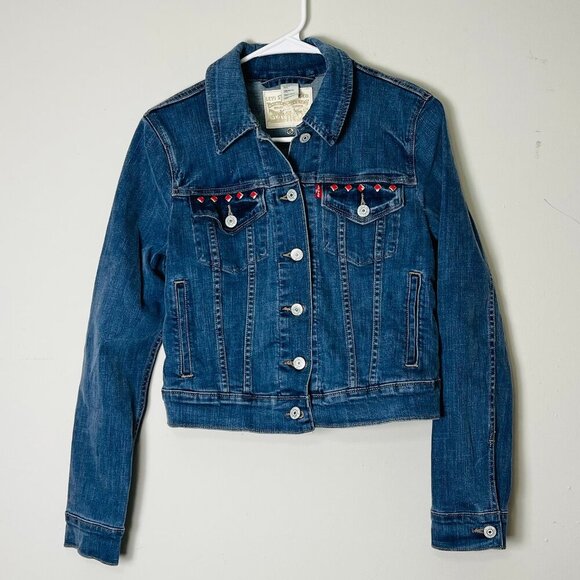 Jackets & Blazers - Levi's Denim Jacket Red Studded Embellished Jean‎ Jacket Cropped Fit Small